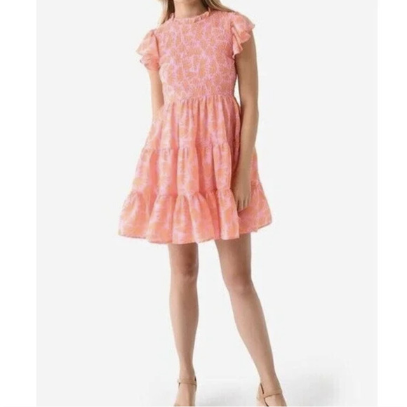 J Marie Pink Confetti Floral Smocked A Line Tiered Dress Size L Ruffle Fit Flare - Picture 2 of 8